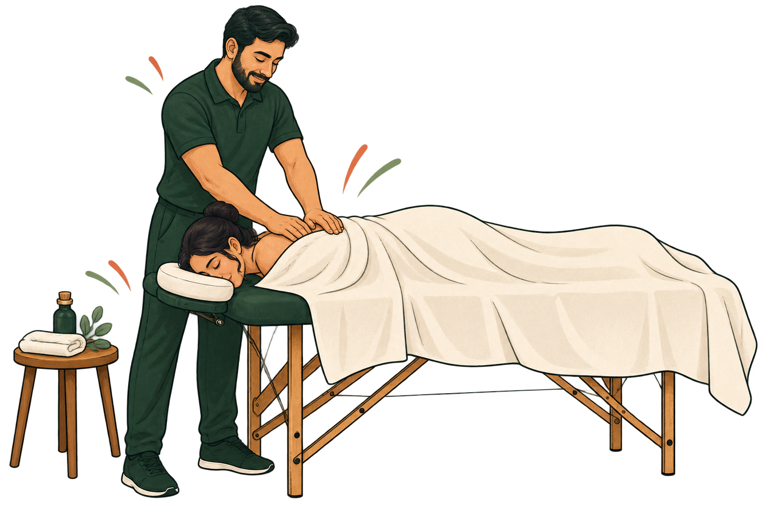 Professional male massage practitioner giving a fully draped female client a shoulder massage